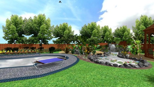 Ландшафтный дизайн с бассейном во дворе загородного дома